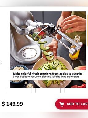 KitchenAid Silver Spiralizer Attachment with Peel and Slice Blades